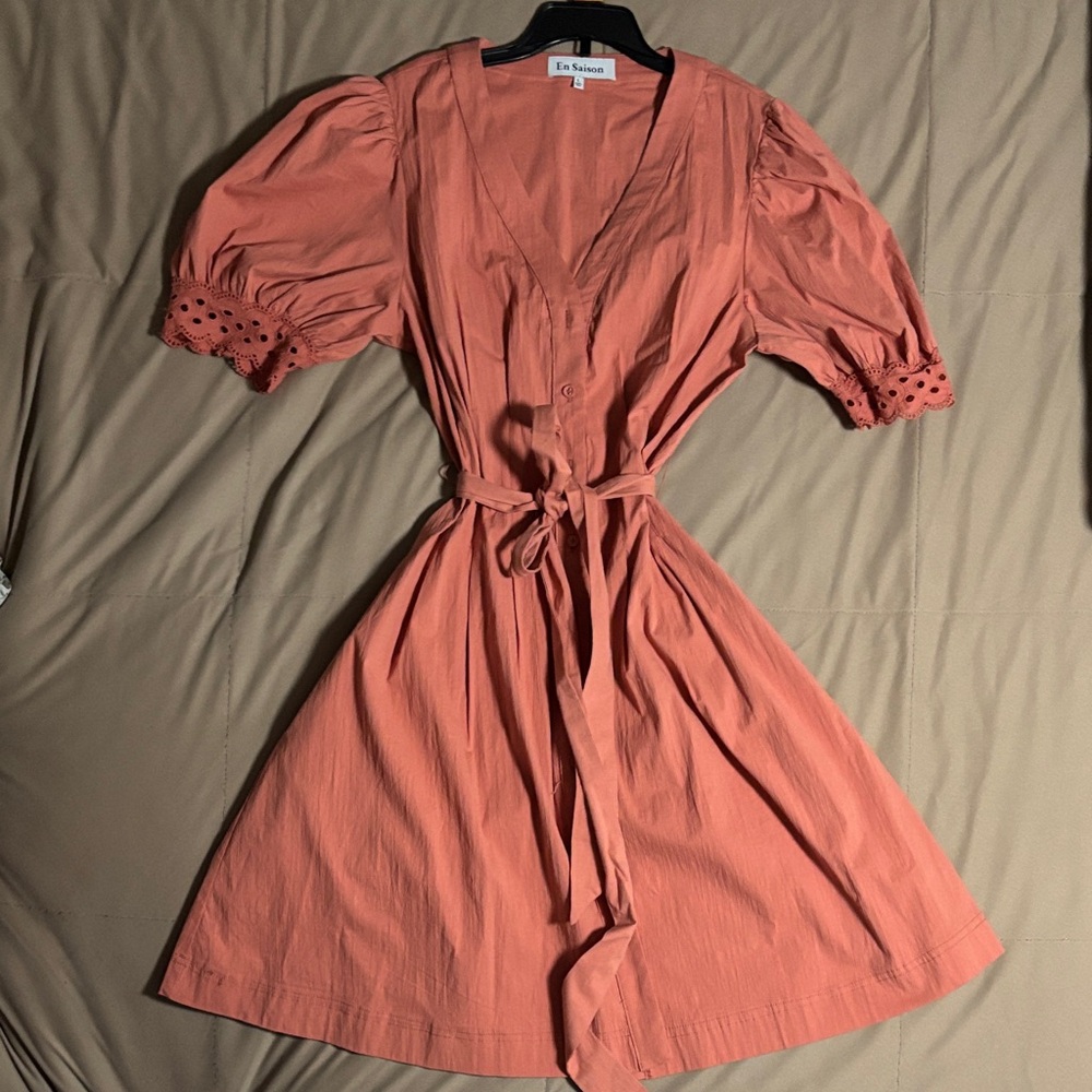 En Saison Terracotta Puff Sleeve Mini Dress